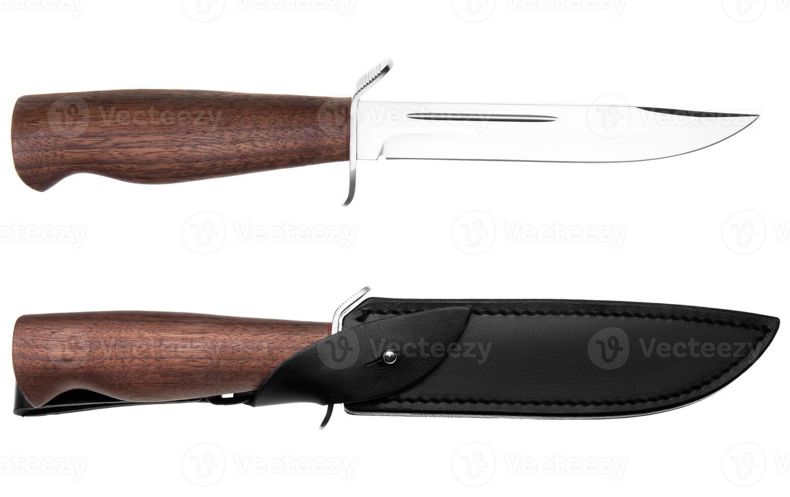 Hunting knife with wooden handle and leather case isolated on white photo
