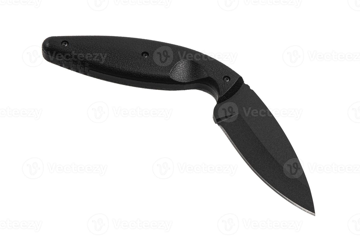 Modern tactical knife with black blade and rubber curved handle. Steel arms. Isolate on a white back. photo