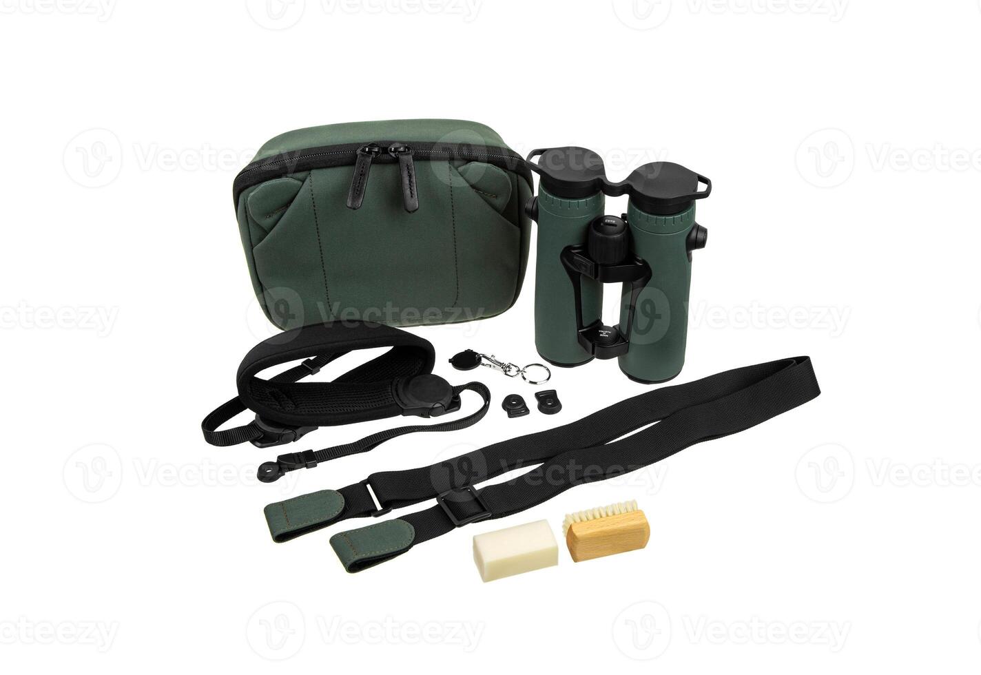Modern binoculars isolate on white back. Surveillance device. Device for viewing at a distance. photo