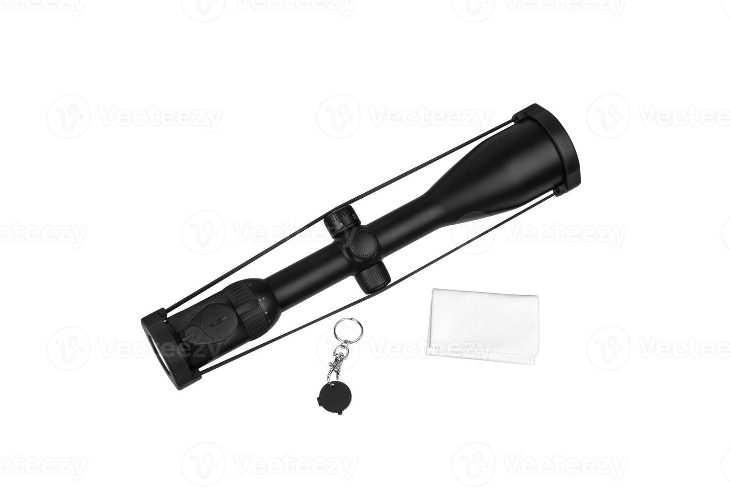 Modern black optical sight. Optical device for aiming at long distances. Isolate on a white back photo
