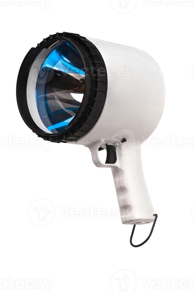 Flashlight with a large reflector close up on a white background. large hand-powerful lantern isolated on white background. photo