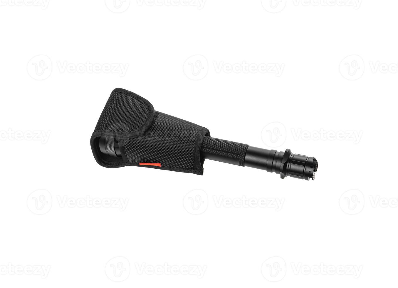 Modern metal LED flashlight. Portable lighting device. Isolate on a white back photo