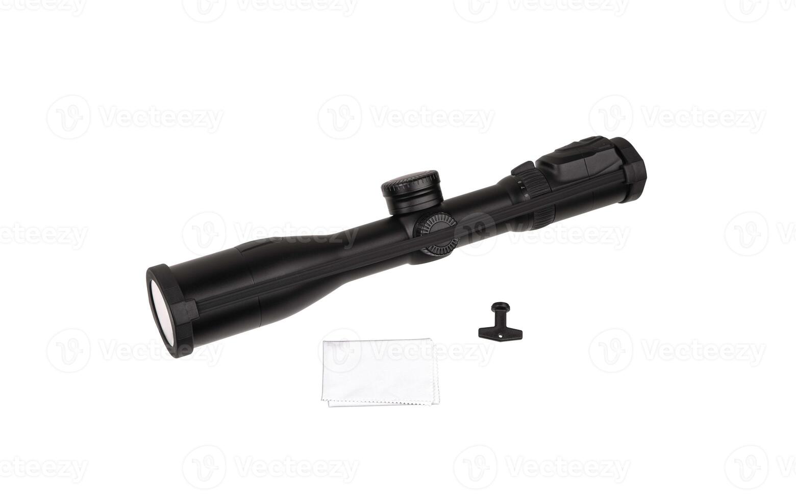 modern black optical scope for weapon isolated on whited. sight scope isolated on white back. photo