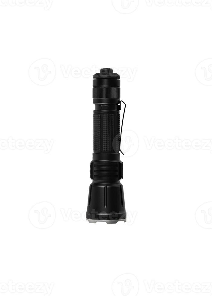 Modern metal LED flashlight. Portable lighting device. Isolate on a white back photo
