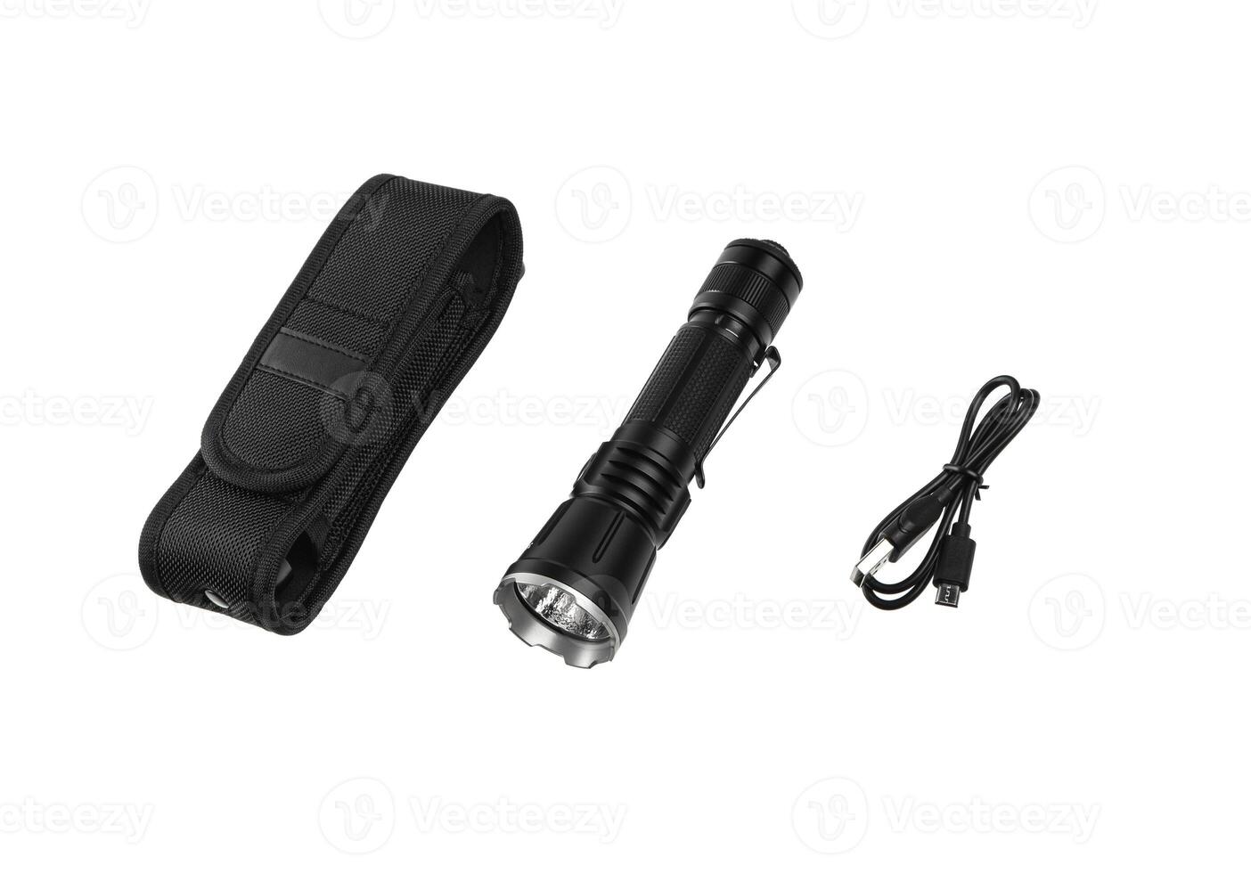 Modern metal LED flashlight. Portable lighting device. Isolate on a white back photo