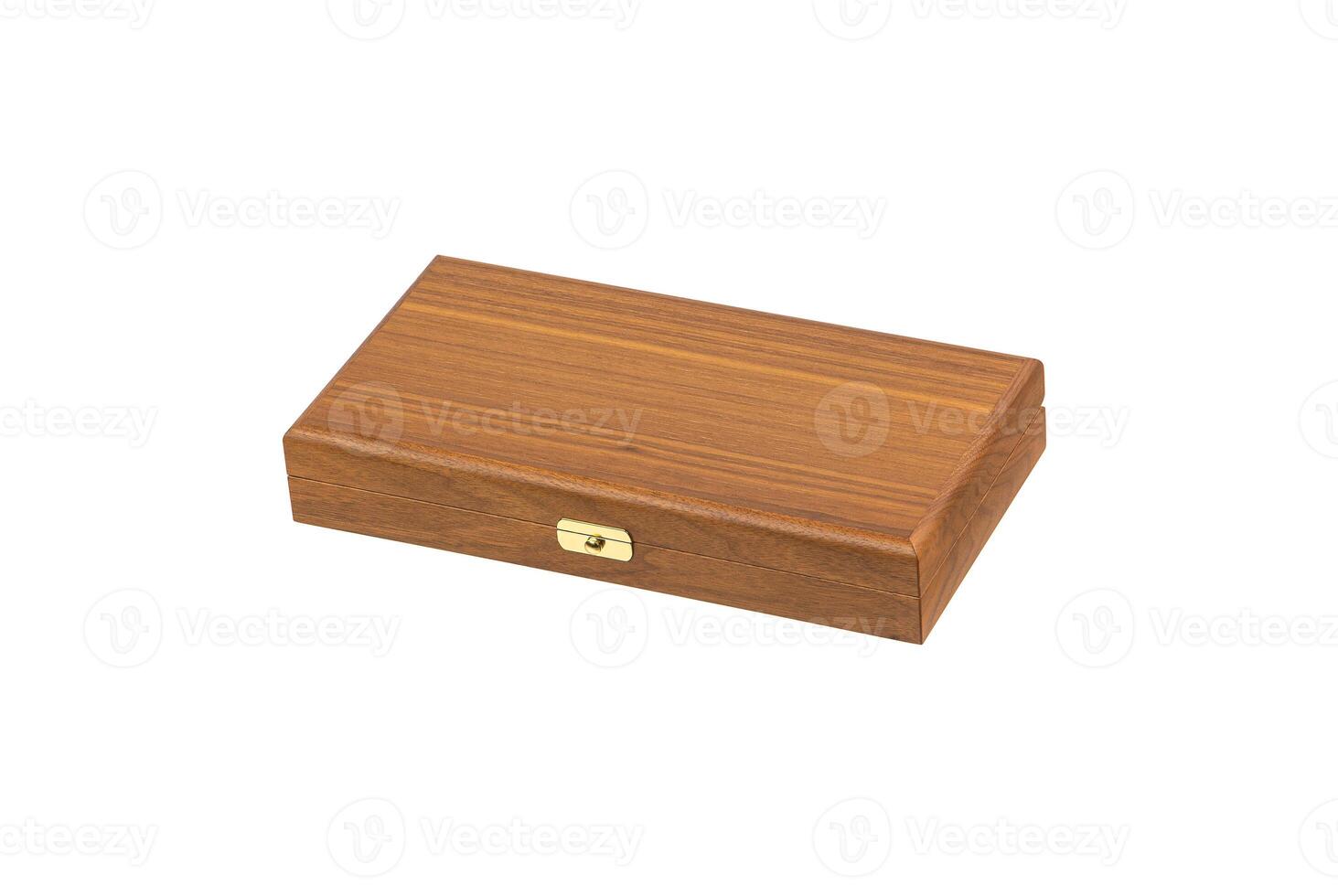 Wooden box with a metal lock. Drawer made of light wood and dark upholstered interior for storing valuables. Isolate on a white back. photo