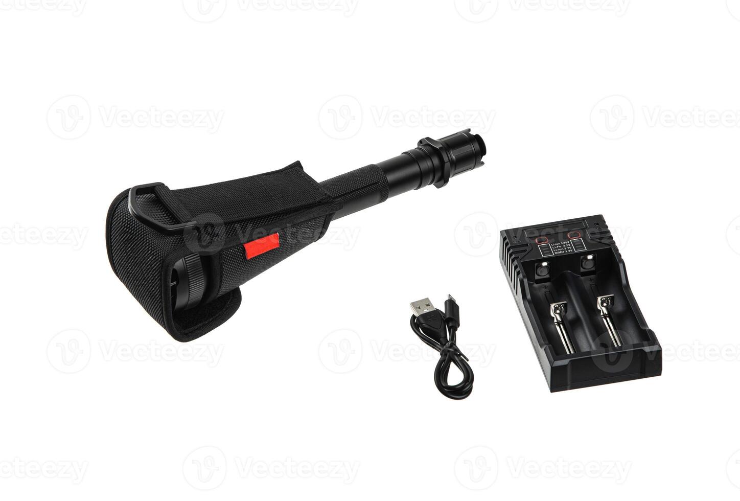 Modern metal LED flashlight. Portable lighting device. Isolate on a white back photo