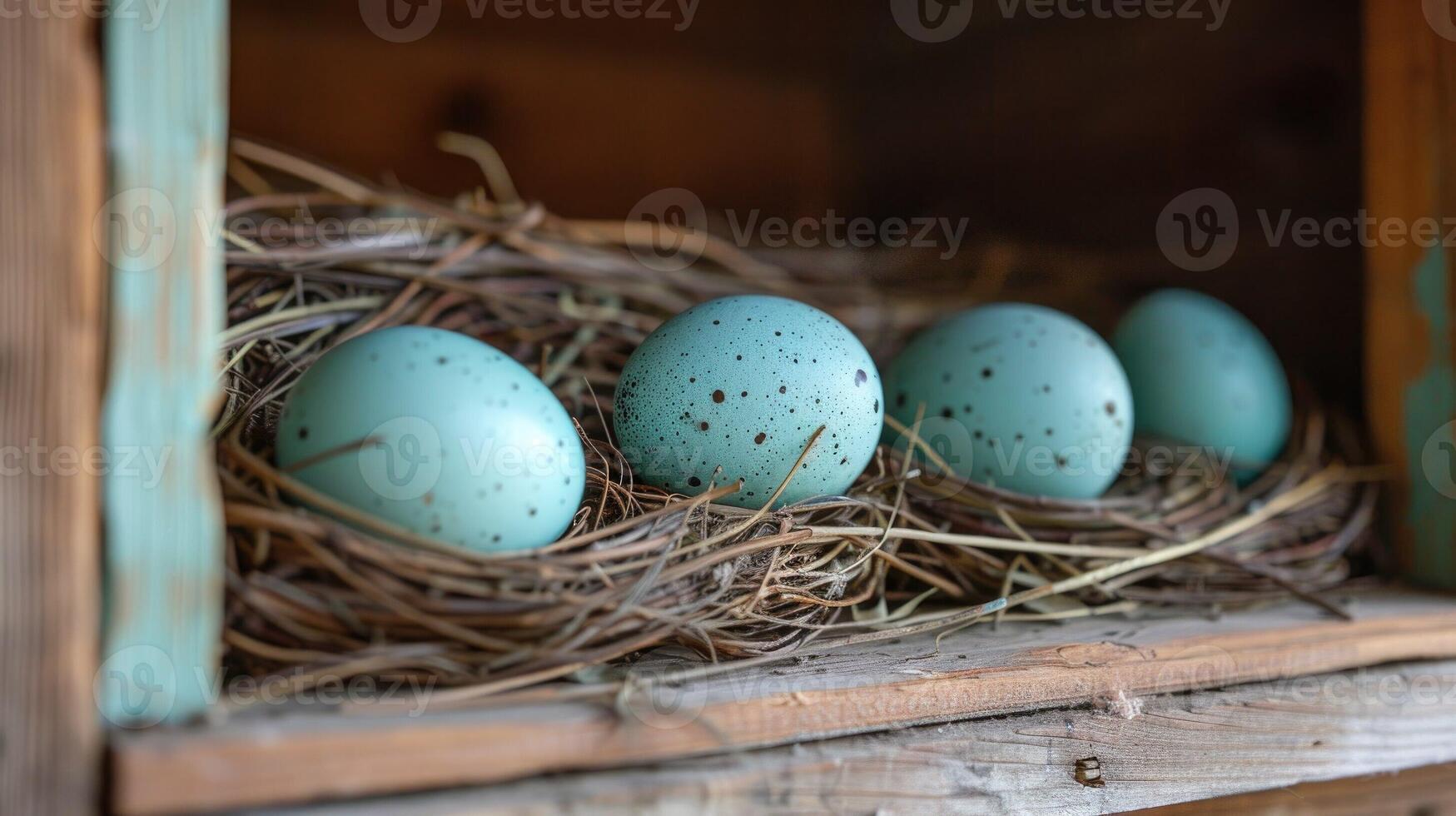 Group of Blue Eggs in Nest photo