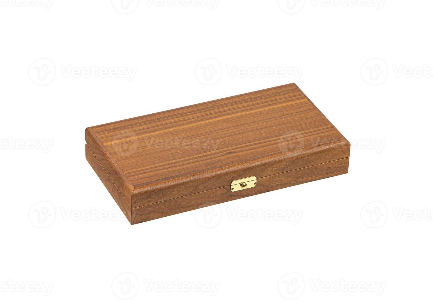 Wooden box with a metal lock. Drawer made of light wood and dark upholstered interior for storing valuables. Isolate on a white back. photo