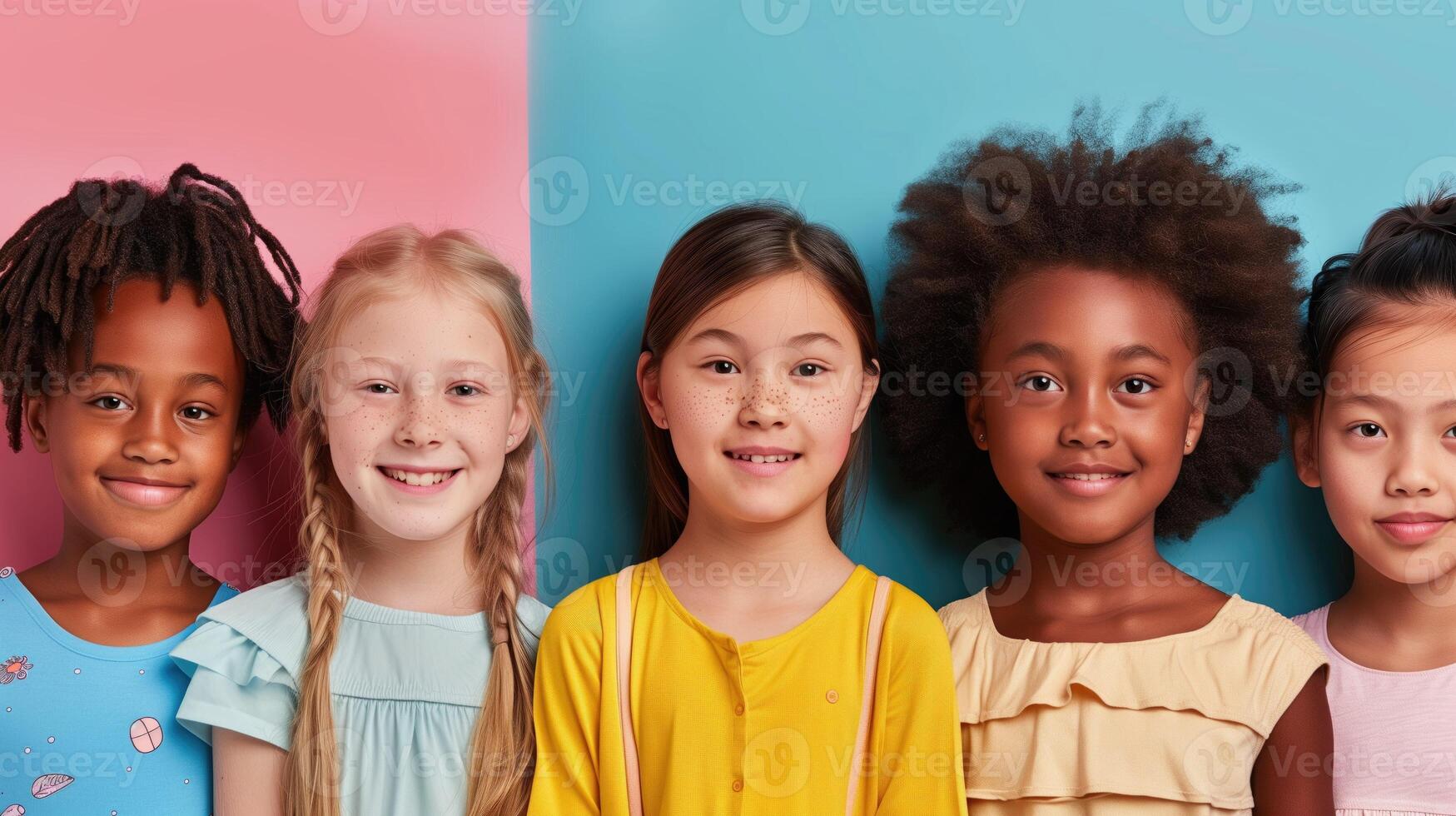 Diverse Group of Young Girls Smiling Agnst a Colorful Background photo