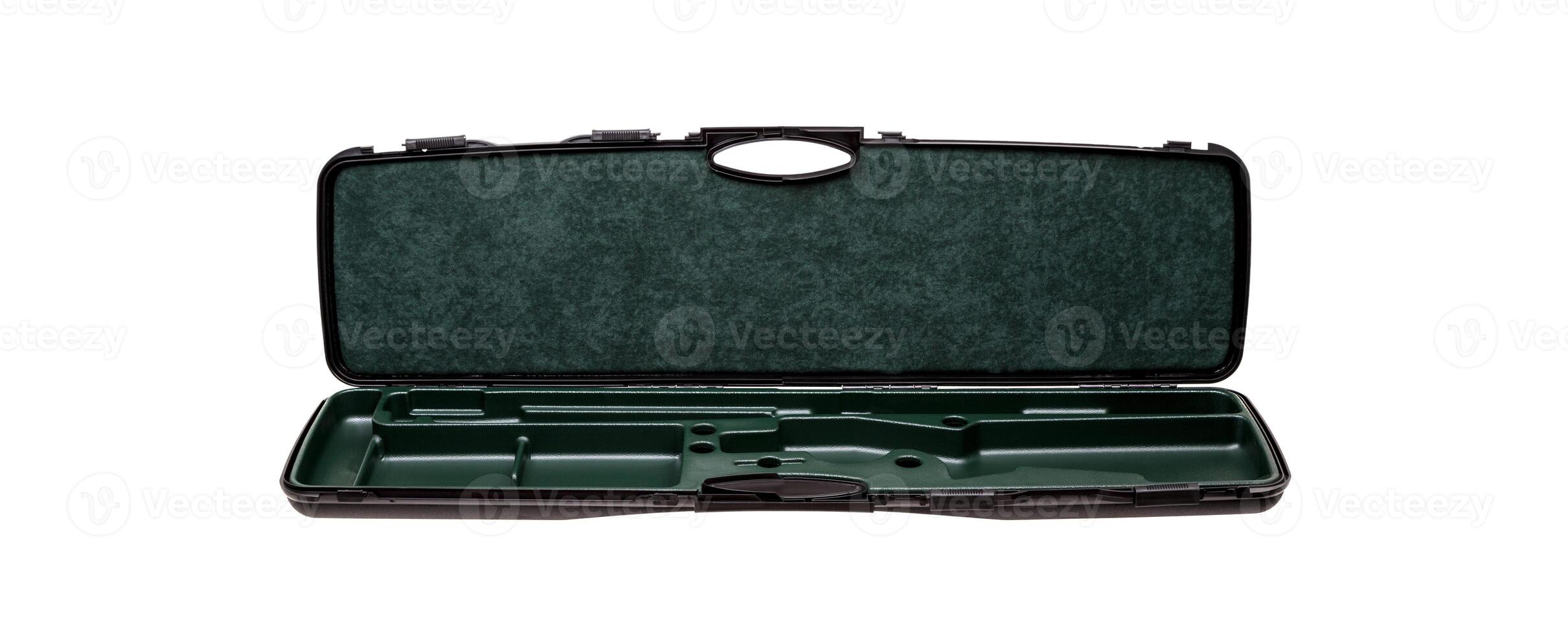 An open black plastic case with green velvet inside. Weapon case isolate on white background. photo