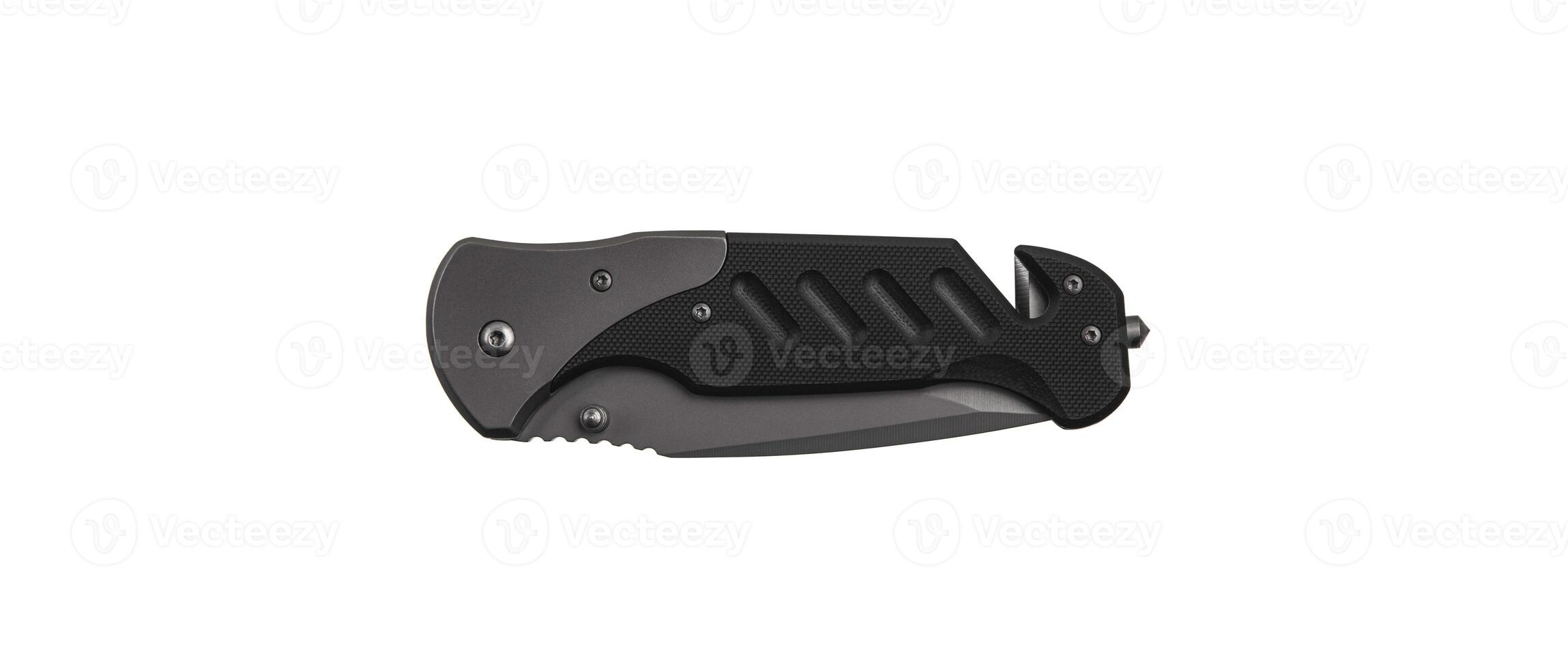 Pocket folding knife with sling cutter and cullet. Compact metal sharp knife with a folding blade. Isolate on a white back. photo