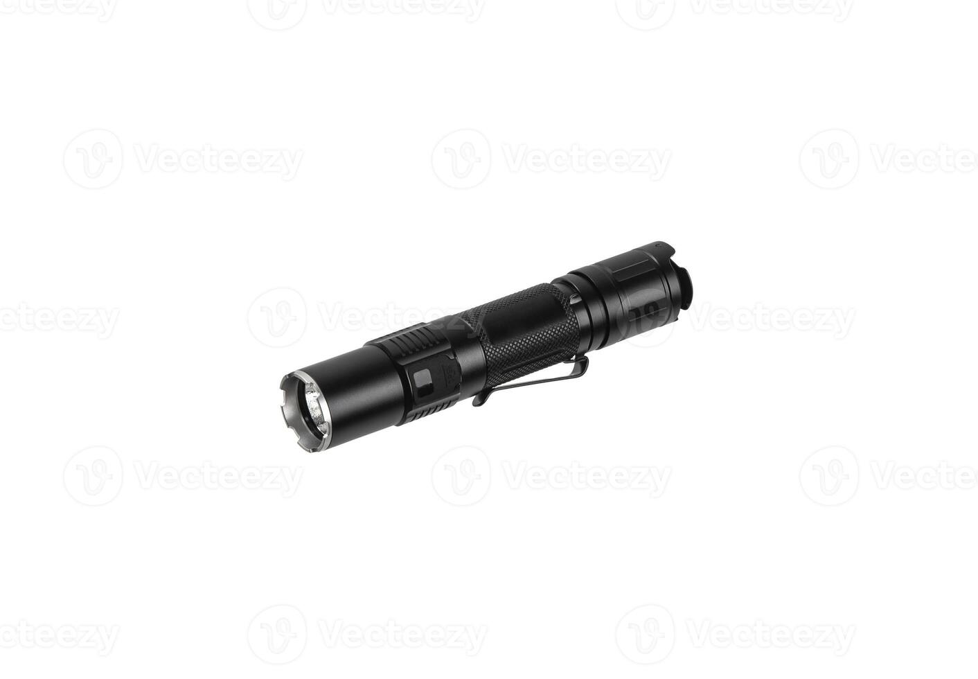 Modern metal LED flashlight. Portable lighting device. Isolate on a white back photo