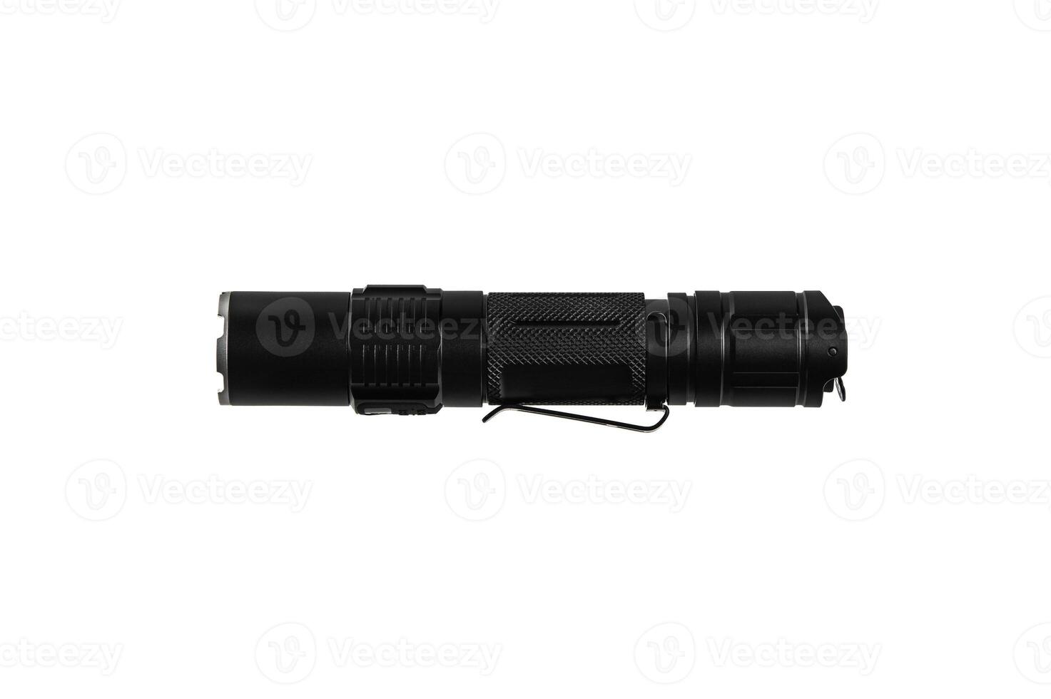 Modern metal LED flashlight. Portable lighting device. Isolate on a white back photo