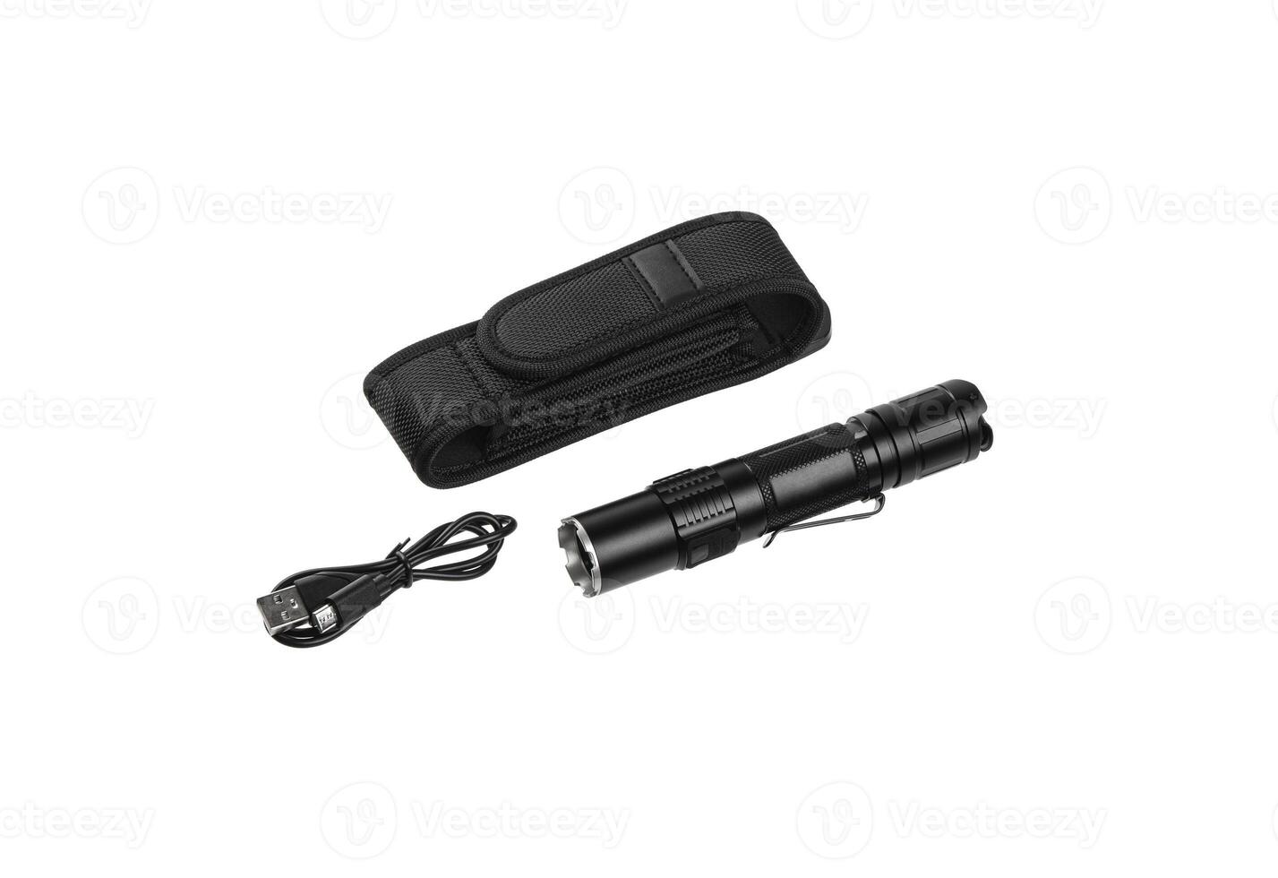 Modern metal LED flashlight. Portable lighting device. Isolate on a white back photo