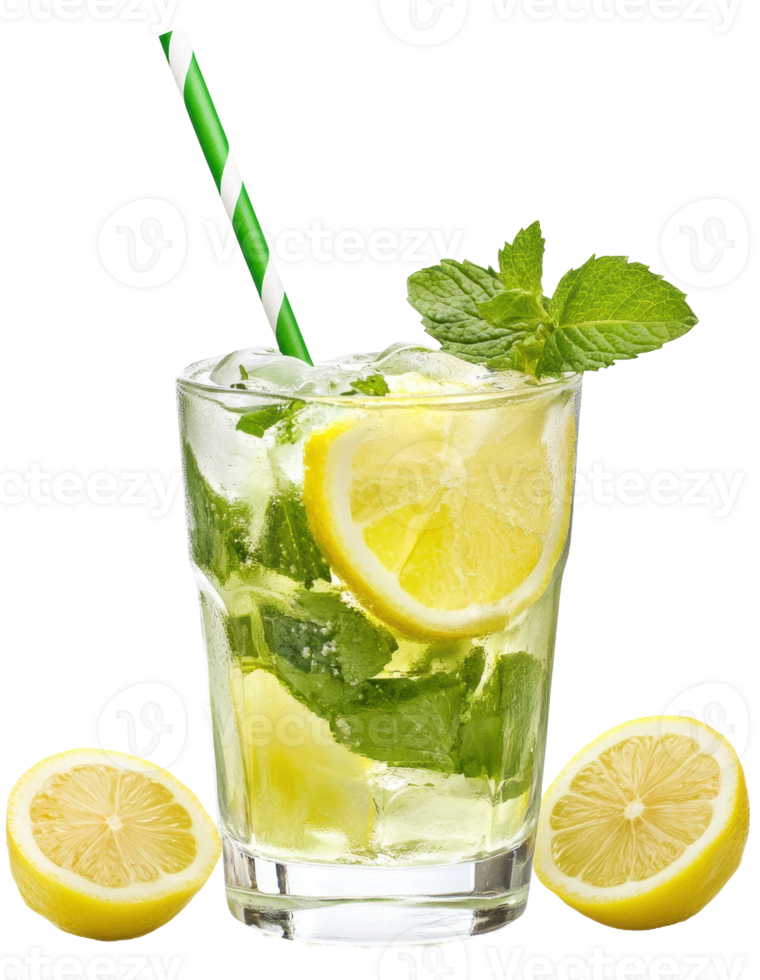 Refreshing mint lemonade in a glass with citrus, cut out - stock . png
