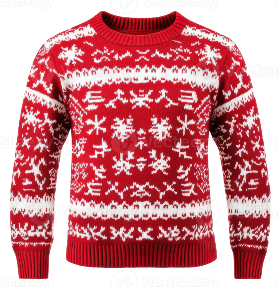 Cozy red winter sweater with white patterns, cut out - stock . png