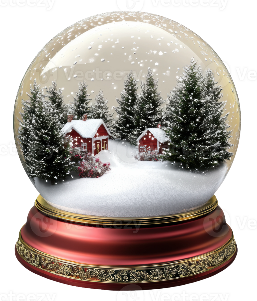 Snow globe with winter scene and red cottages, cut out - stock . png
