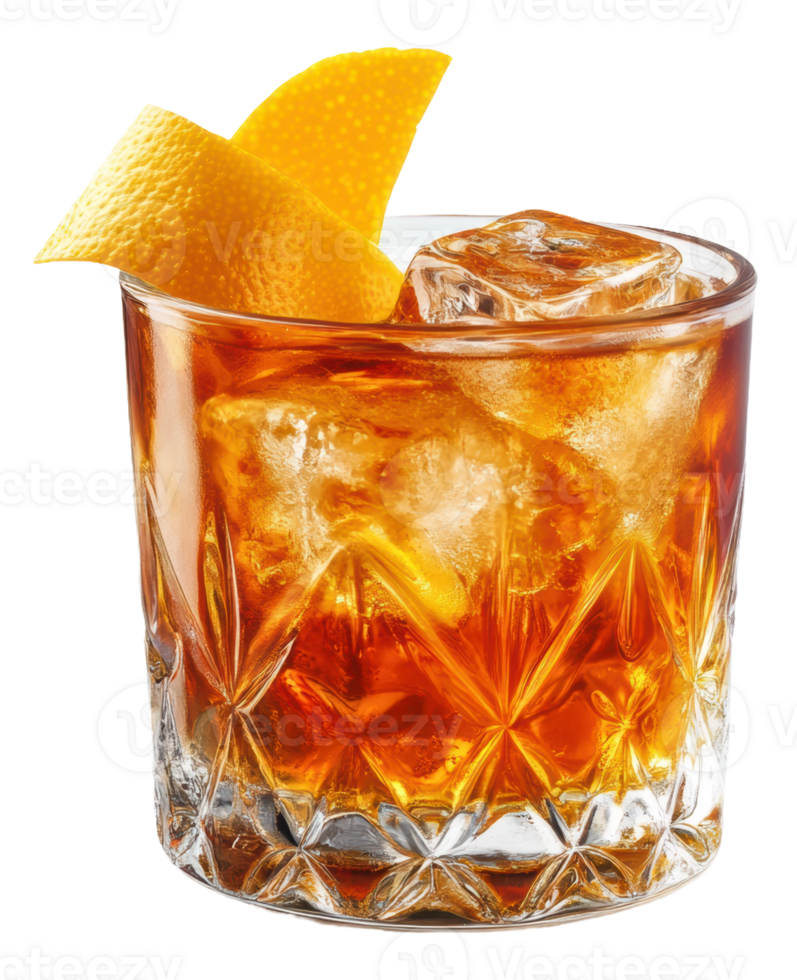 Classic cocktail with ice and citrus garnish, cut out - stock . png