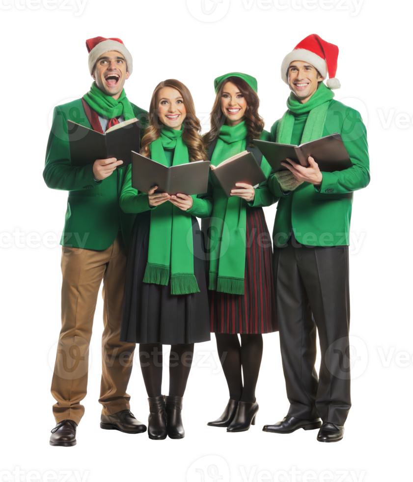 Christmas carolers in festive outfits singing, cut out - stock . png