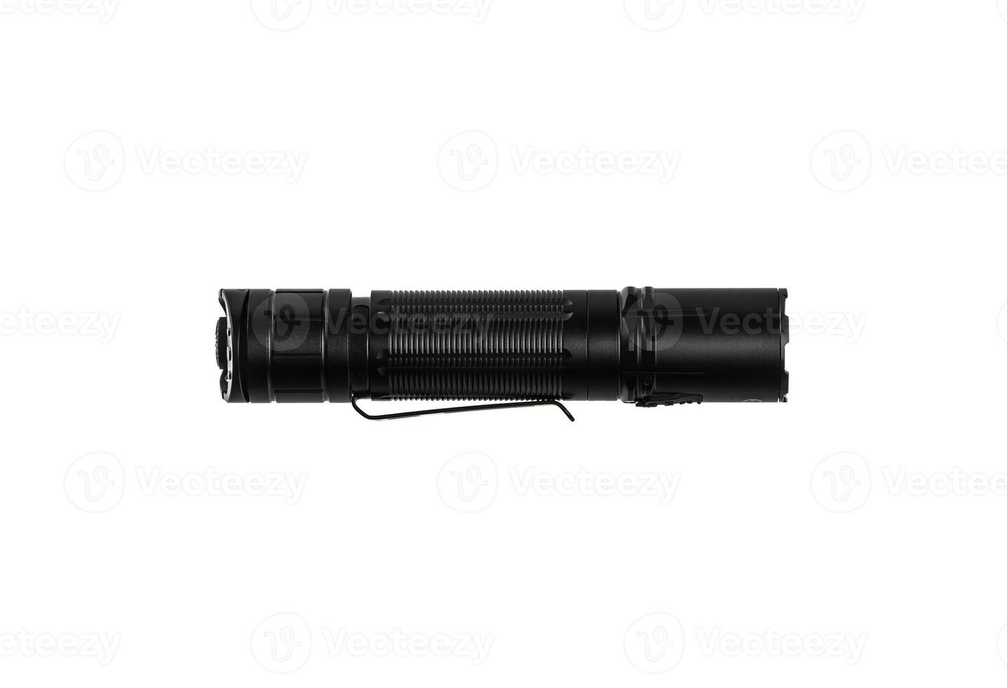 Modern metal LED flashlight. Portable lighting device. Isolate on a white back photo