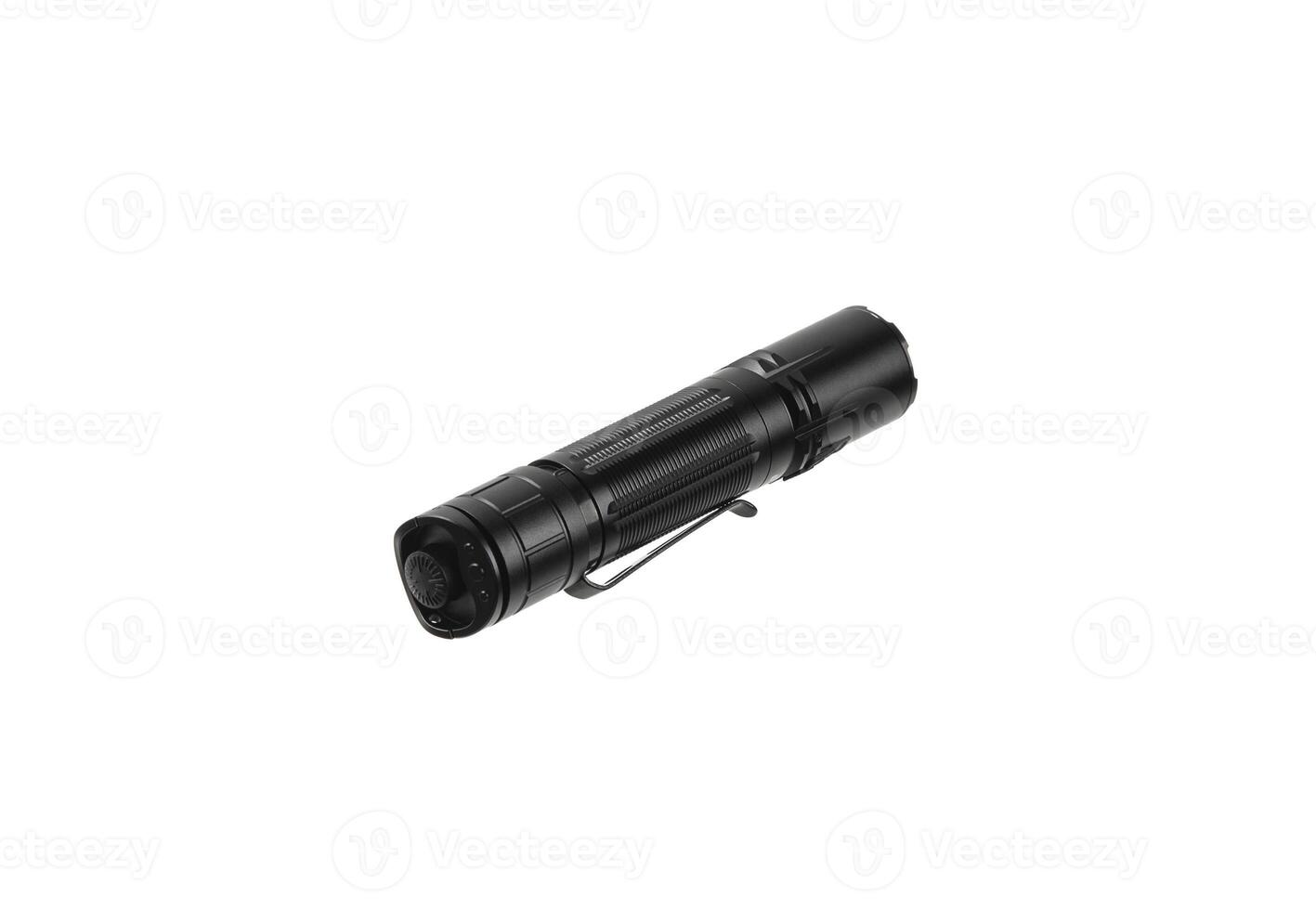 Modern metal LED flashlight. Portable lighting device. Isolate on a white back photo