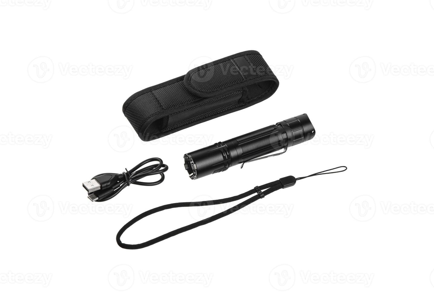 Modern metal LED flashlight. Portable lighting device. Isolate on a white back photo