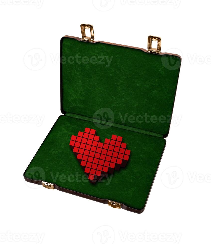 Red heart in a wooden box isolate on a white background. Heart as a gift. Love confession greeting card concept. photo