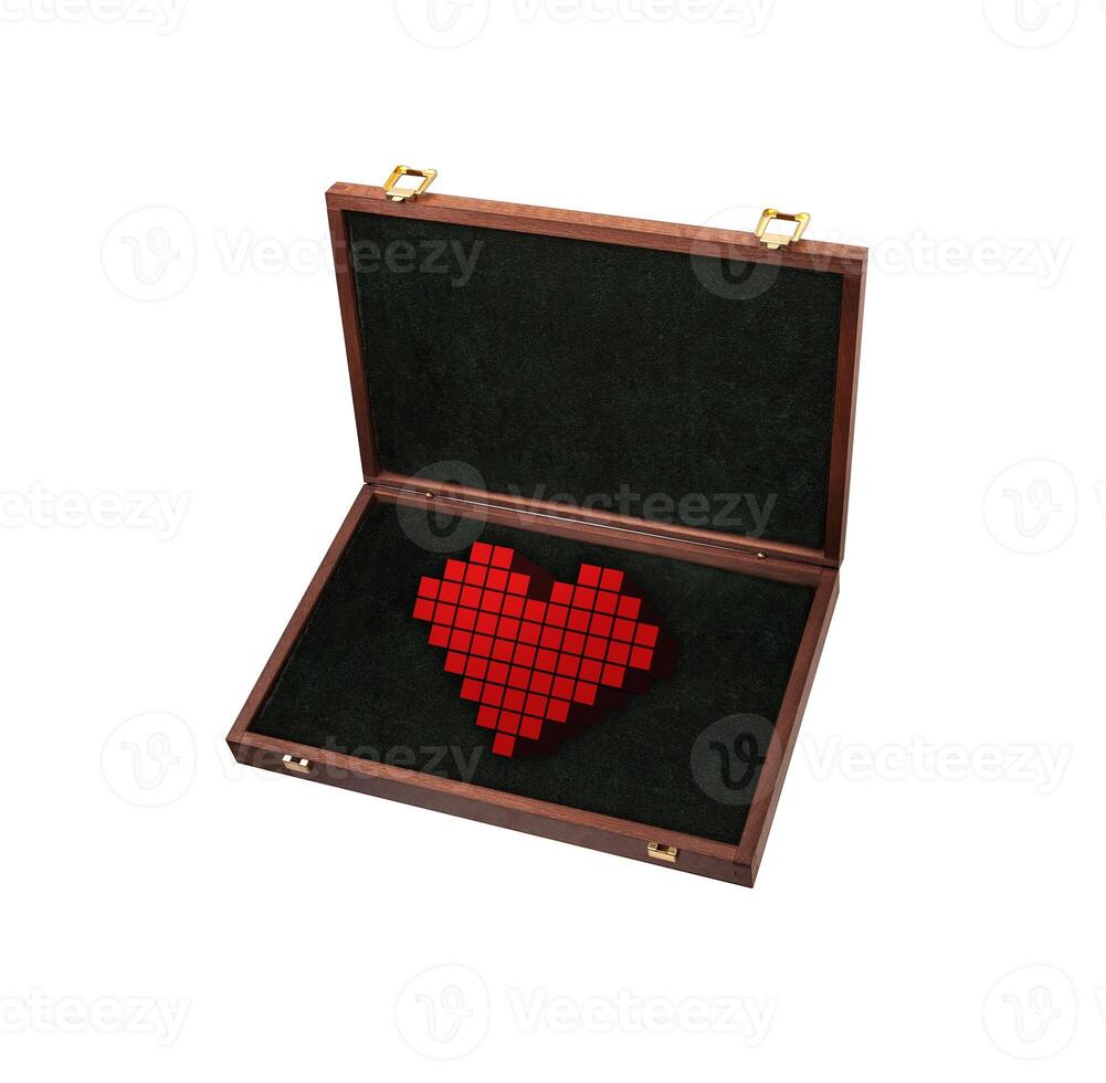 Red heart in a wooden box isolate on a white background. Heart as a gift. Love confession greeting card concept. photo