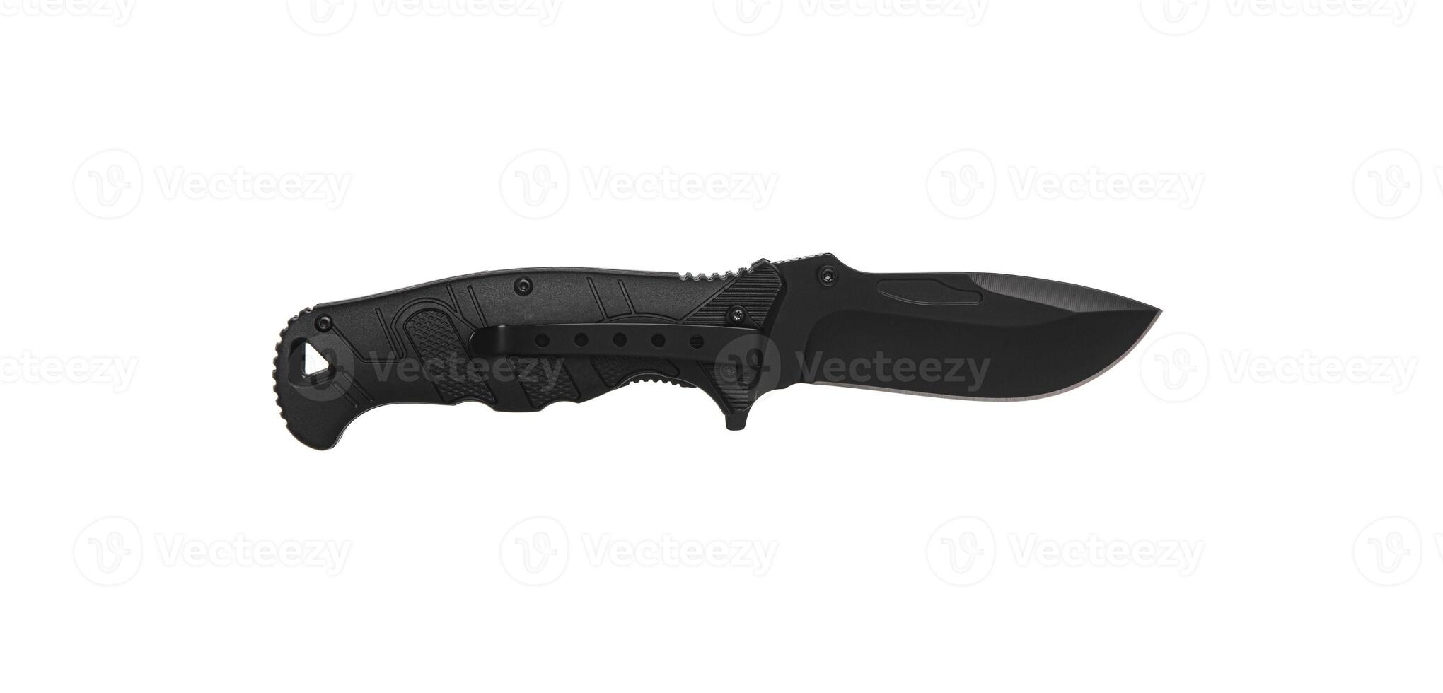 Pocket black folding knife isolate on white back. Compact metal sharp knife with a folding blade. photo