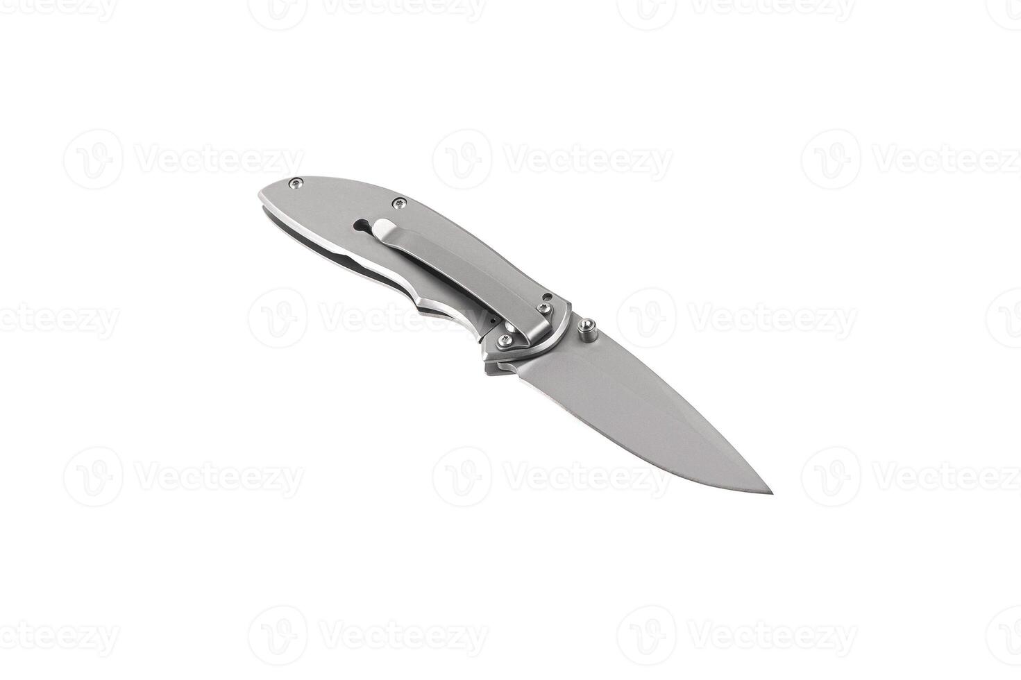 Pocket folding knife isolate on white back. Compact metal sharp knife with a folding blade. photo