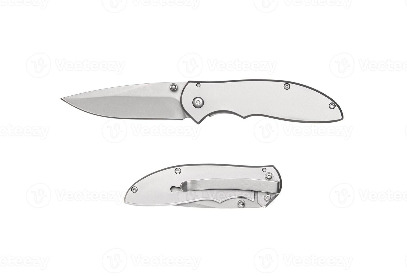 Pocket folding knife isolate on white back. Compact metal sharp knife with a folding blade. photo