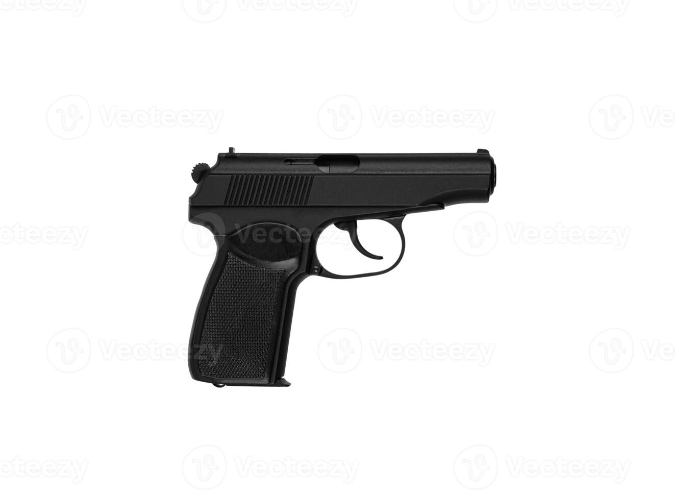 Soviet classic semi-automatic 9mm pistol. Police and military weapons. Black PM pistol with brown grip isolate on white back photo