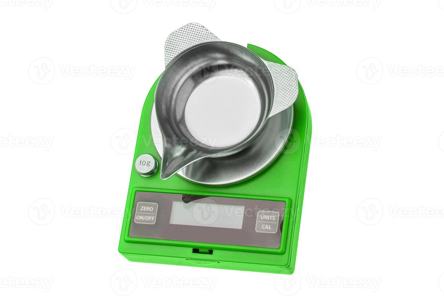 portable red electronic scales isolated on white back photo