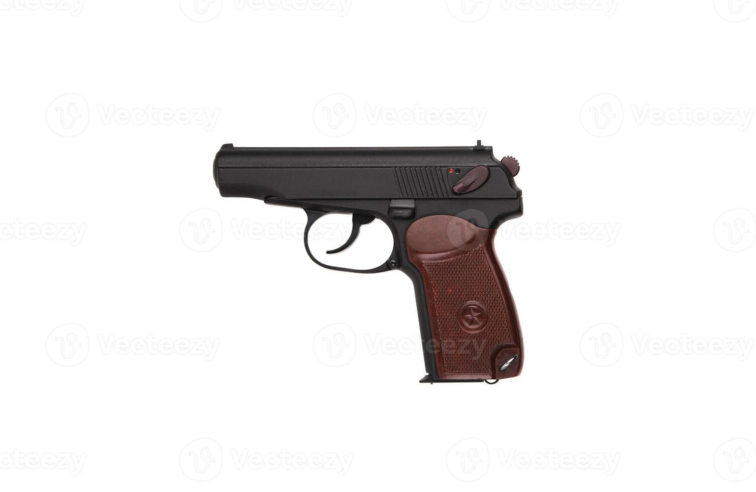 Soviet classic semi-automatic 9mm pistol. Police and military weapons. Black PM pistol with brown grip isolate on white back photo