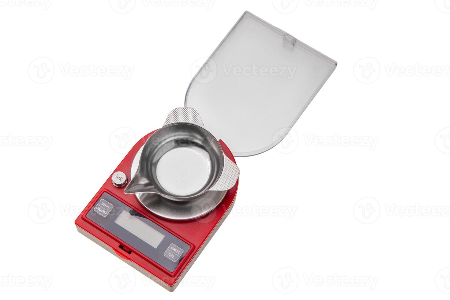 portable red electronic scales isolated on white back photo