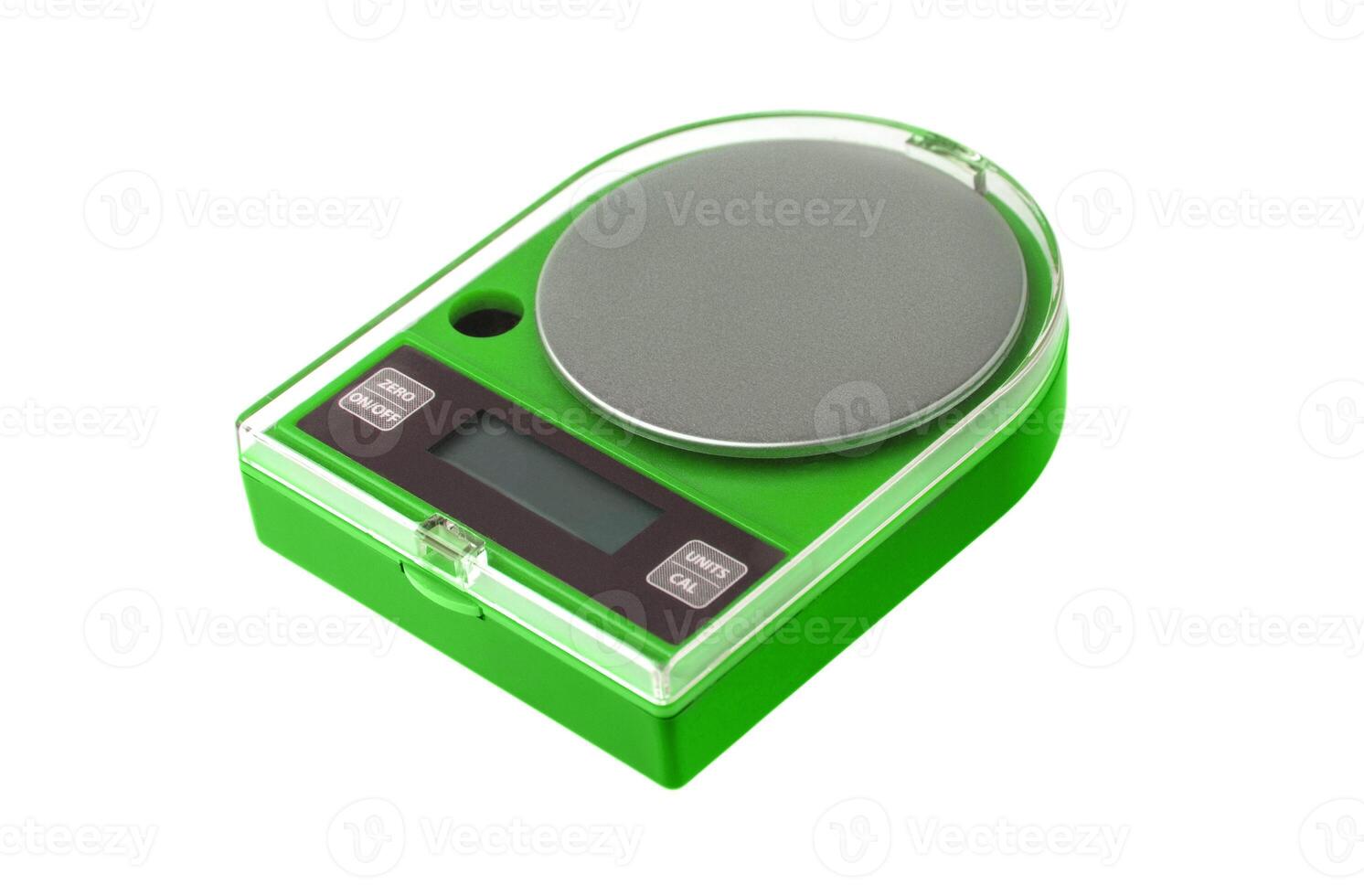 portable red electronic scales isolated on white back photo