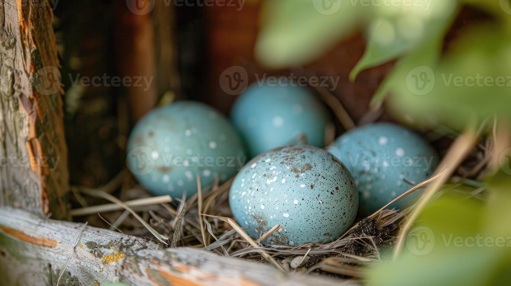 Group of Blue Eggs in Nest photo