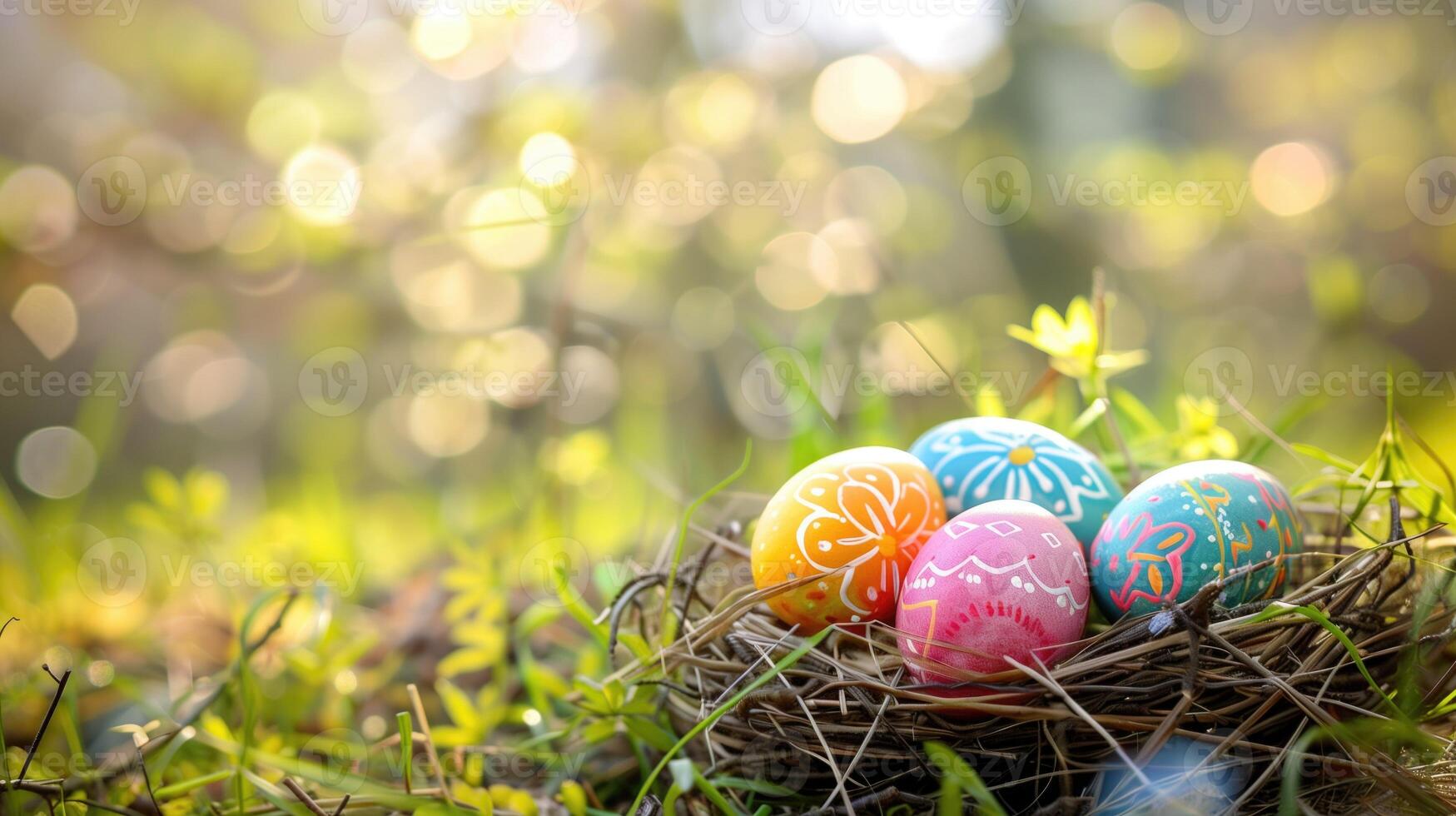 Colorful Easter Eggs Nestled in a Twig Nest With Blossoming Branches on a Pastel Blue Background photo