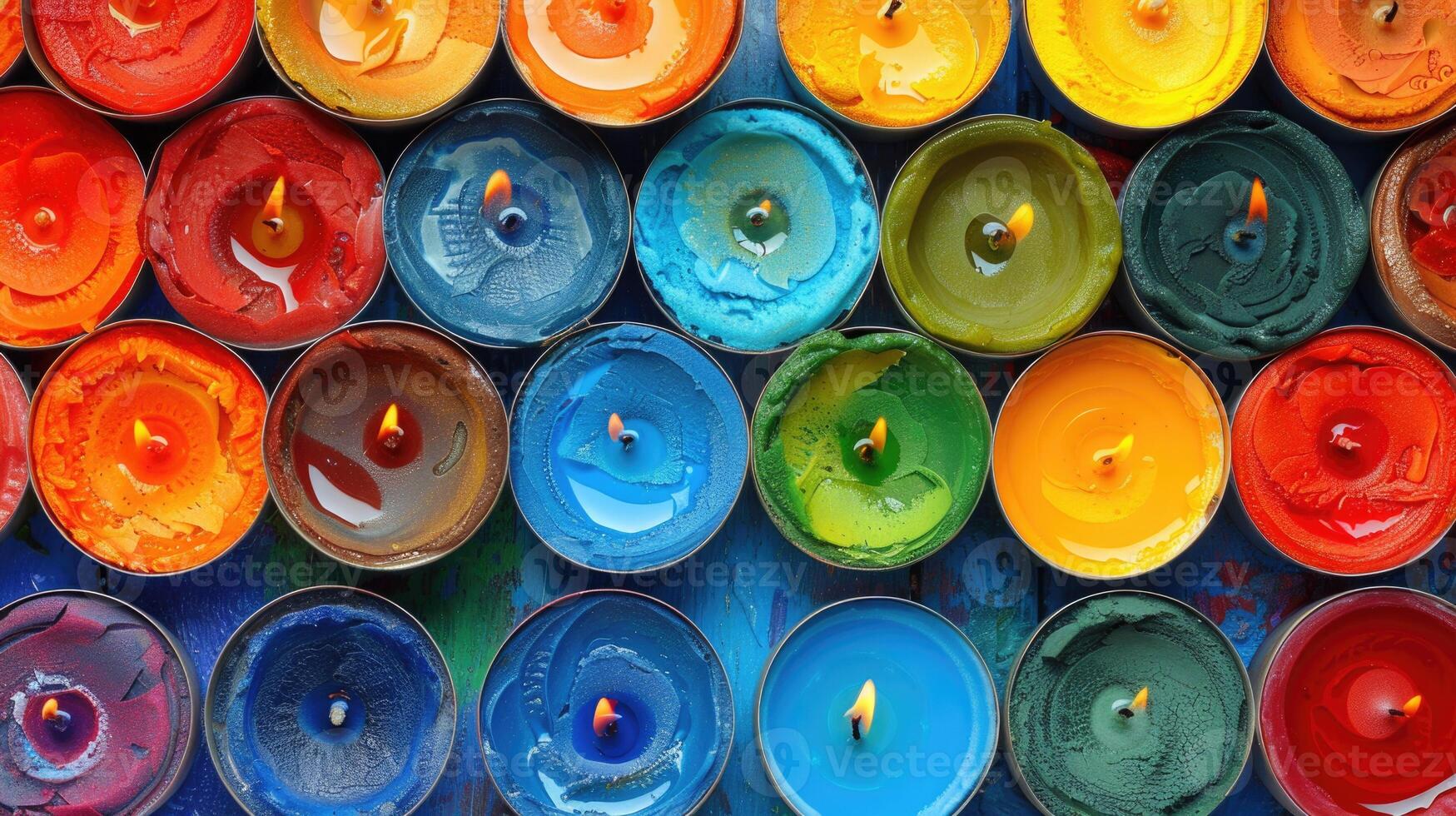 Colorful Array of Lit Candles in a Dark Room Captured in CloseUp photo
