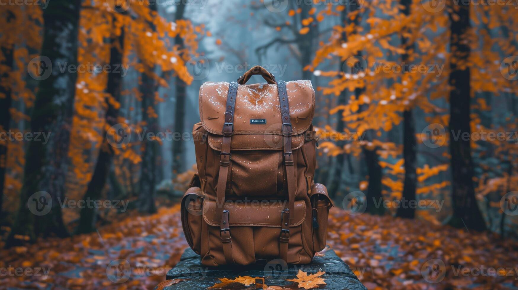 Backpack on Log in Forest photo