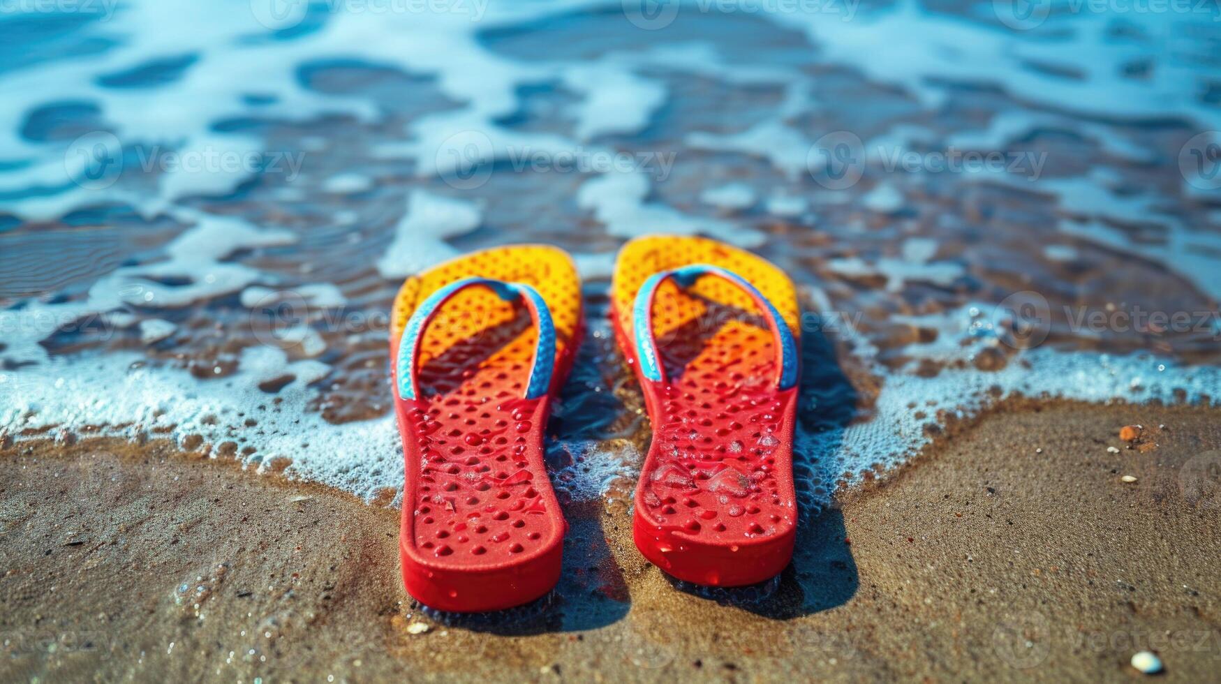 Red and Yellow Shoes on Sandy Beach photo