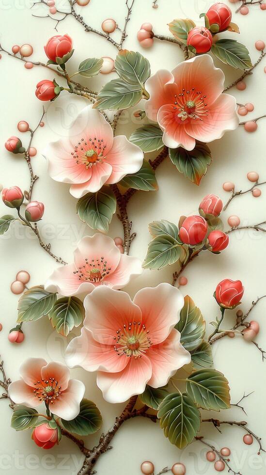 Pnting of Flowers and Leaves on White Surface photo