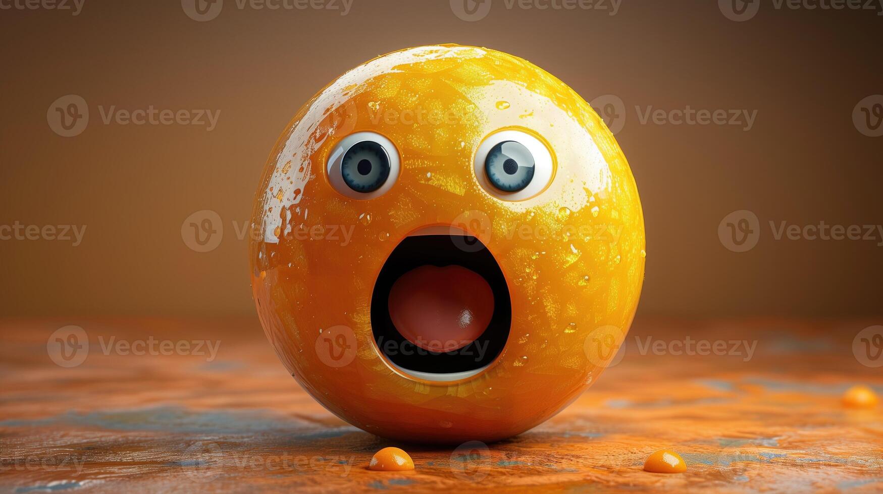 asombrado naranja dibujos animados personaje con amplio ojos y abierto boca en un de madera superficie foto