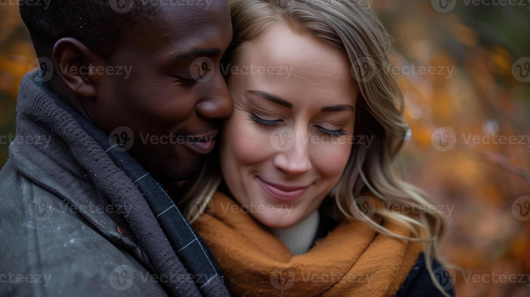 Intimate and Diverse Couple Embracing in Autumn Park With Golden Leaves photo