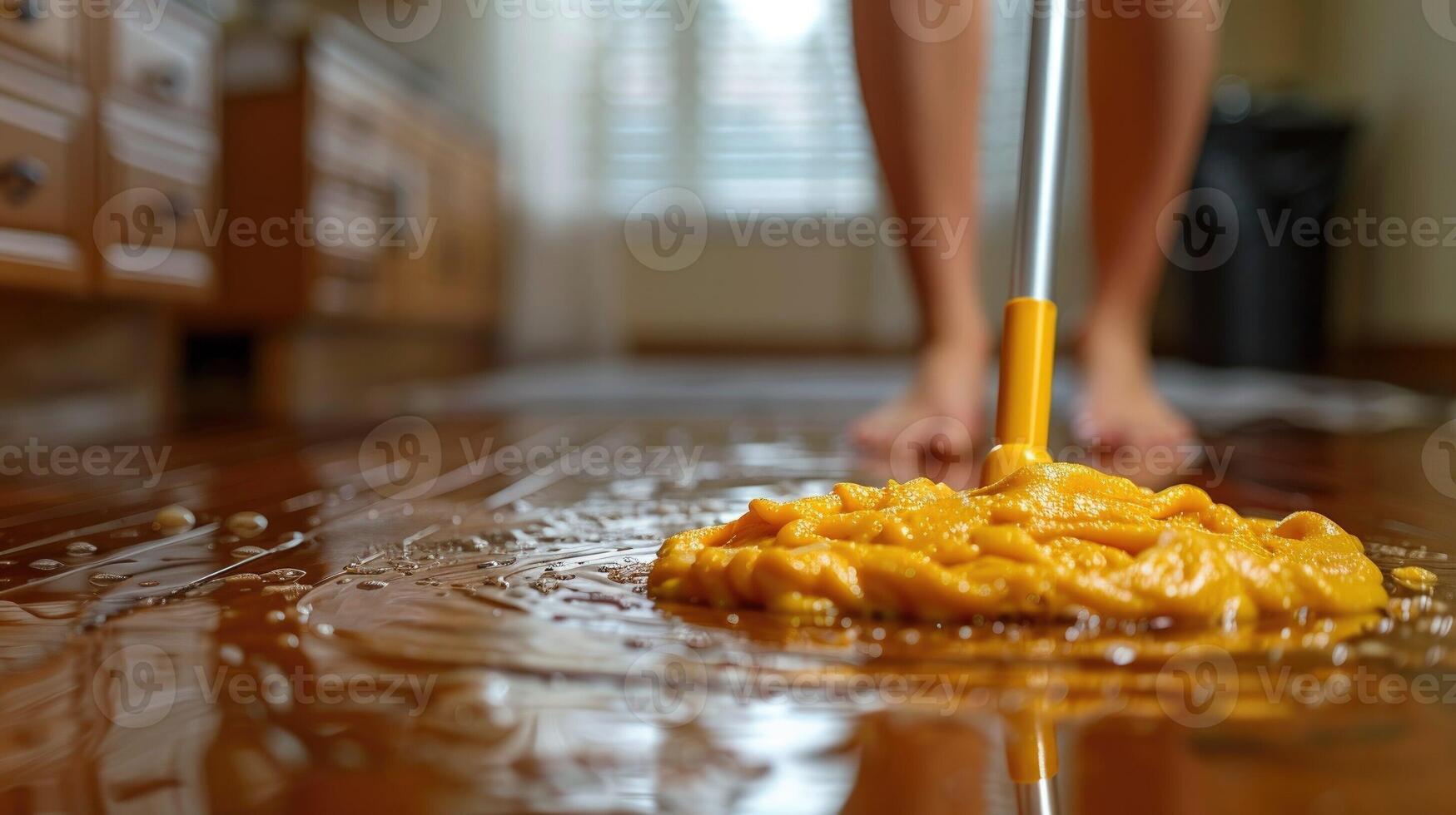 Person Mopping a Wooden Floor With Yellow Mop in Brightly Lit Room photo