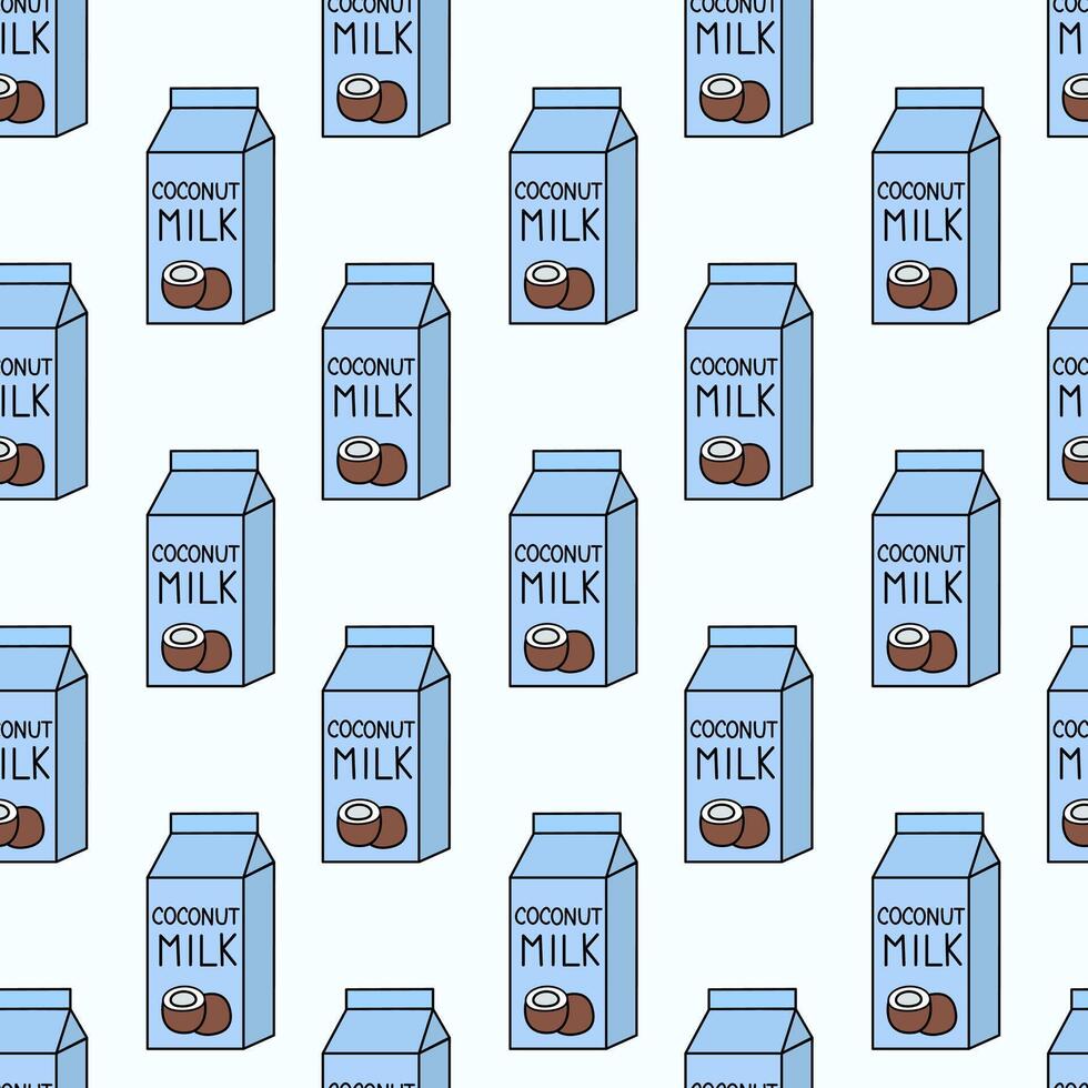 Seamless Pattern with Coconut Vegan milk. Box Carton packaging. flat illustration. vector