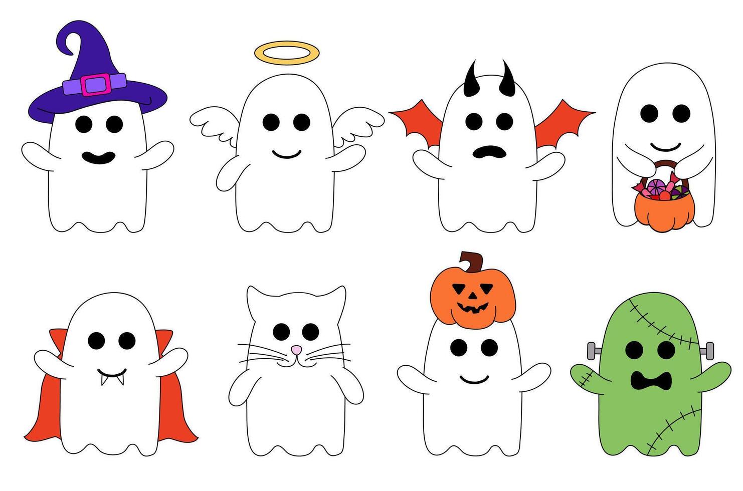 Cute Halloween ghosts in costumes. Holidays cartoon characters. Flat Illustration. vector