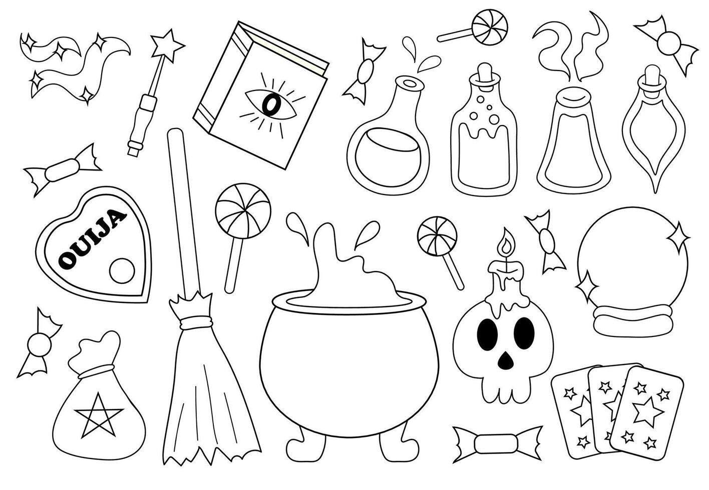 Halloween element set. Outline Line Art. Cauldron, poison bottles, ouija, magic book, tarot, magic ball, broomstick, skull, candle, magic wand. flat Illustration. vector