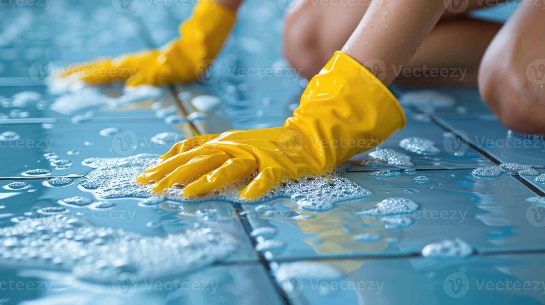 Person Cleaning Tiled Floor With Yellow Rubber Gloves photo
